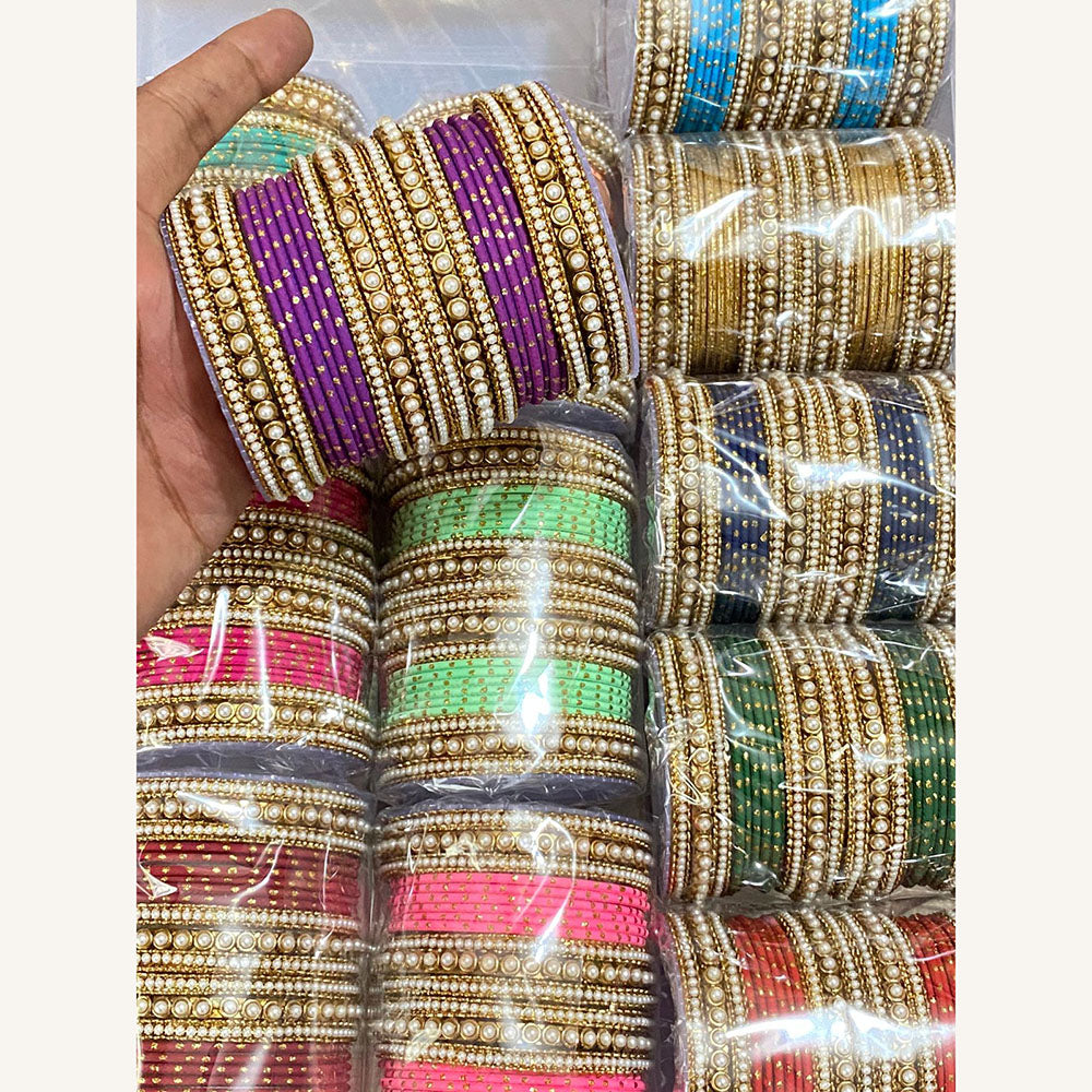 Hira Collections Designer Assorted Color Metal Pearl Bangle Set for Women (Pack of 12)