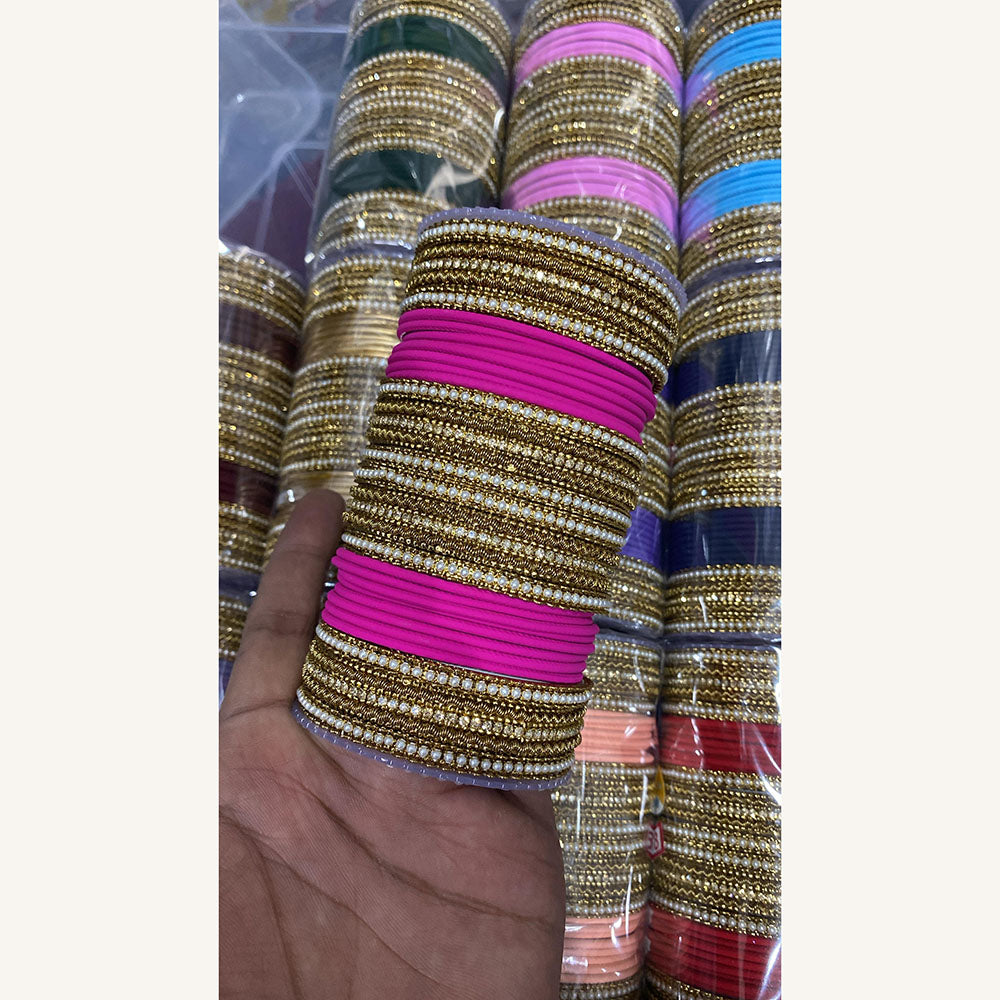 Hira Collections Designer Assorted Color Metal Pearl Bangle Set for Women (Pack of 12)