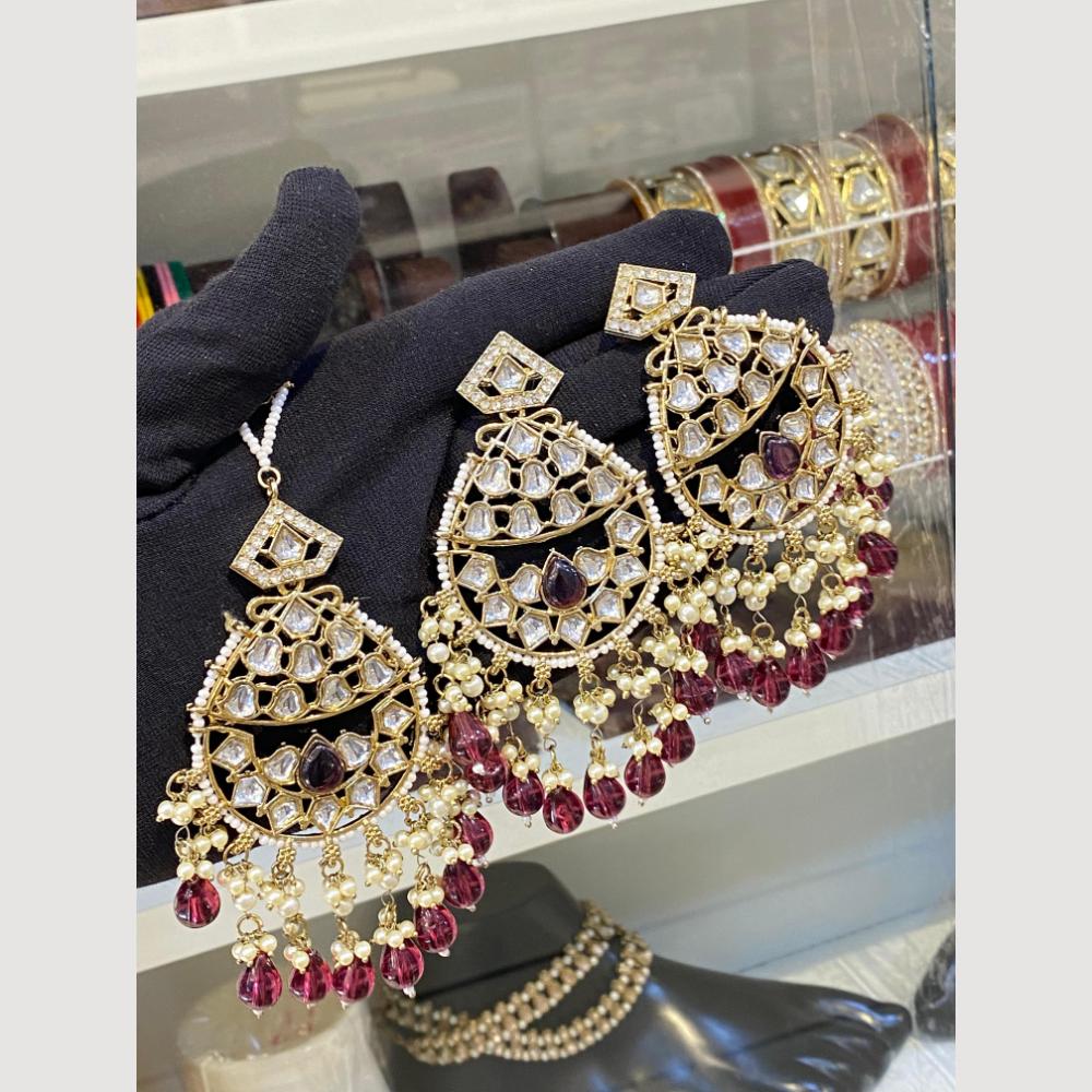 Hira Collections Royal Kundan Pearl And Beads Earrings With Elegant Maangtikka Set