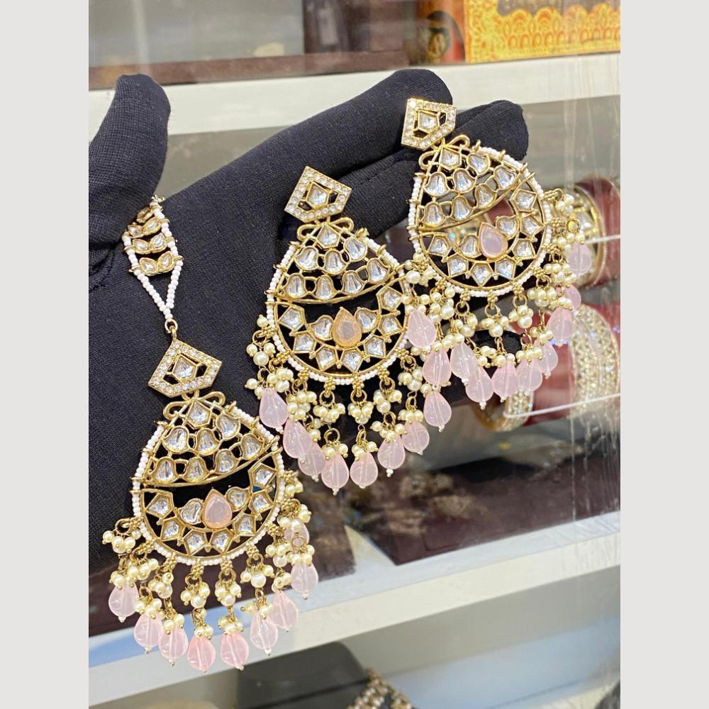 Hira Collections Royal Kundan Pearl And Beads Earrings With Elegant Maangtikka Set