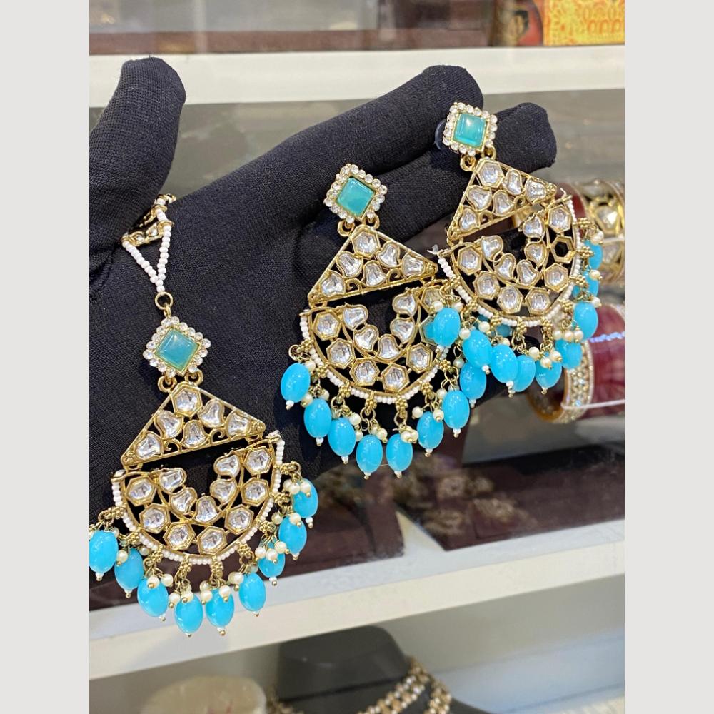Hira Collections Royal Kundan Pearl And Beads Earrings With Elegant Maangtikka Set