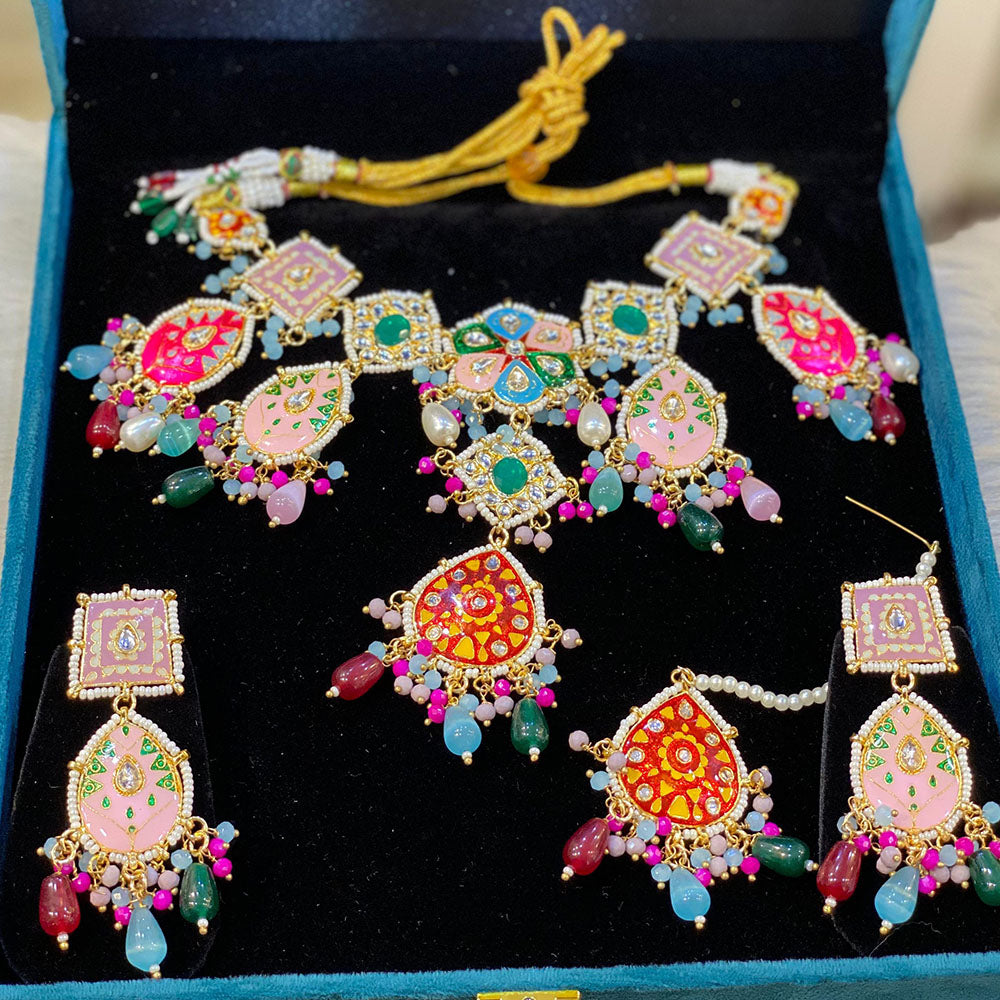 Hira Collections Traditional Kundan And Beads Meenakari Designer Choker Necklace Set