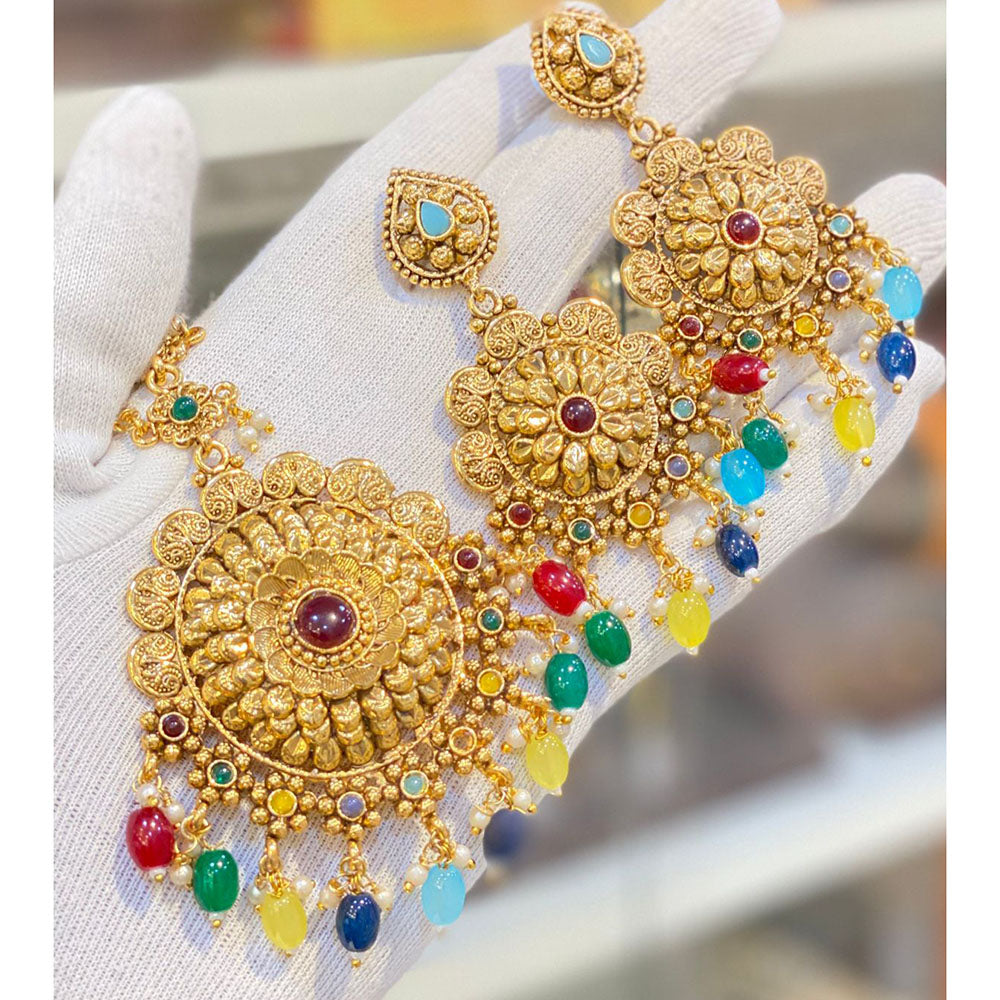 Hira Collections Royal Pota Stone And Beads Earrings With Elegant Maangtikka Set