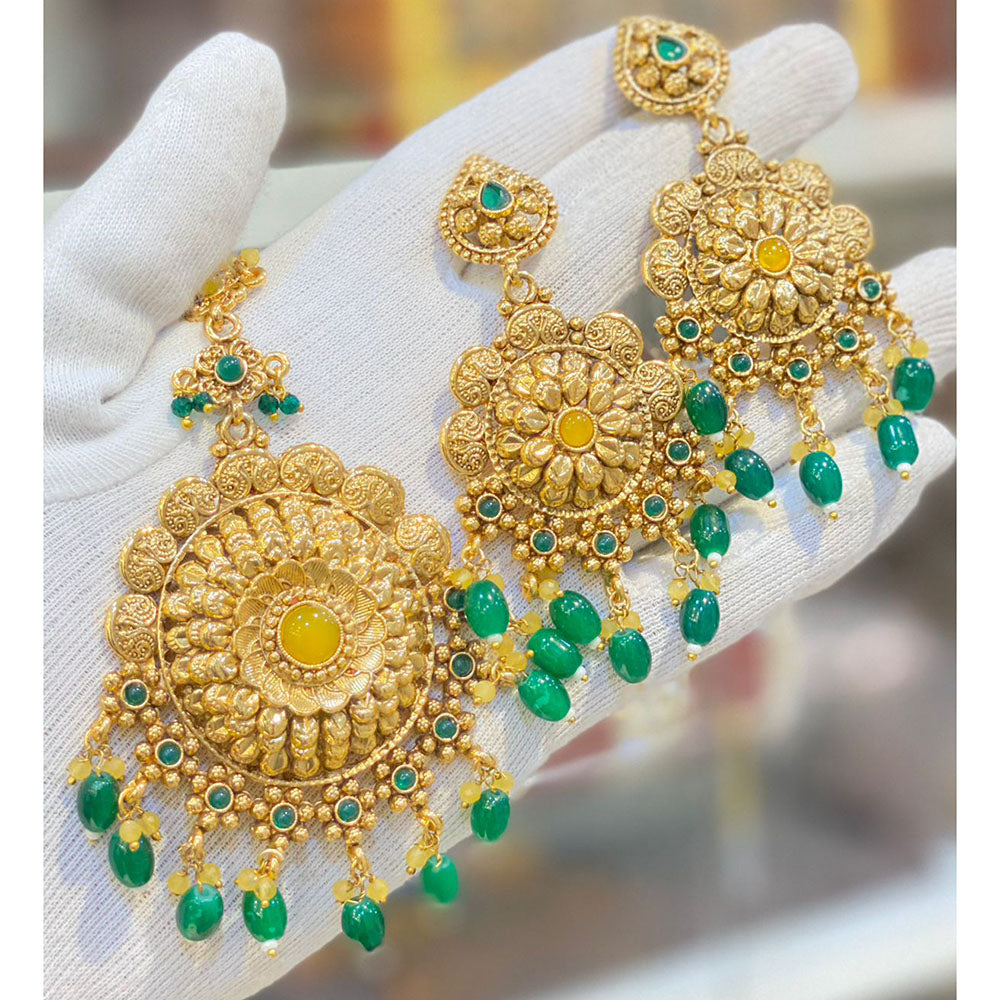 Hira Collections Royal Pota Stone And Beads Earrings With Elegant Maangtikka Set