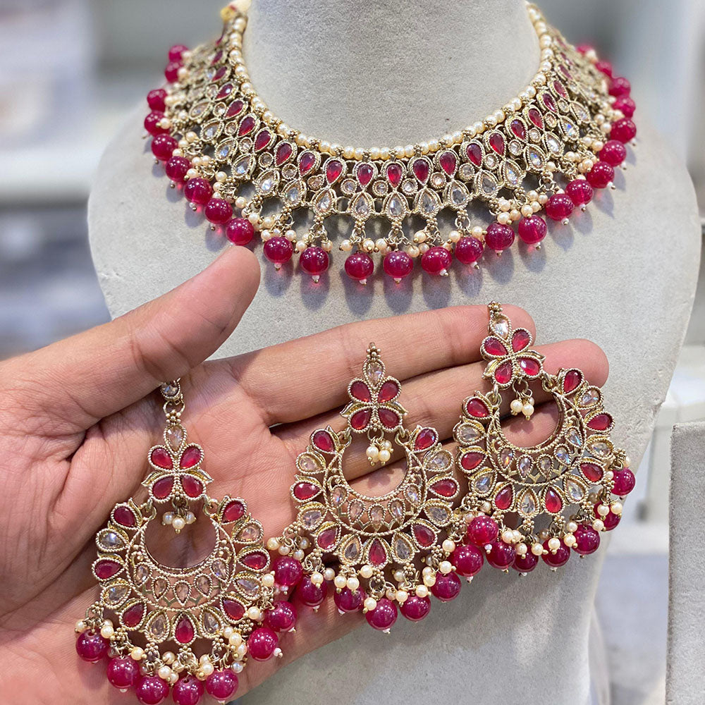 Hira Collections Crystal Stone And Beads Choker Necklace Set