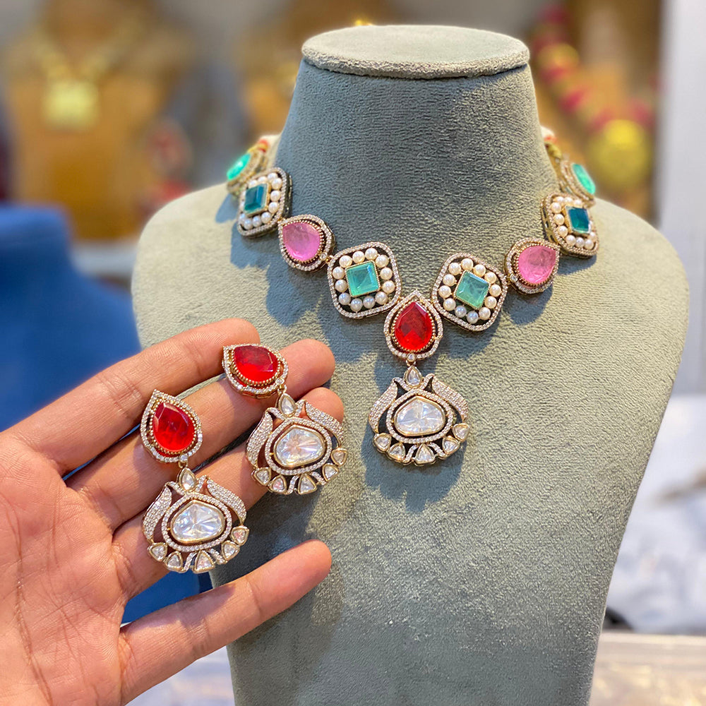 Hira Collections Crystal Stone And Pearl Choker Necklace Set