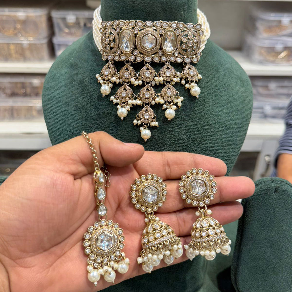 Hira Collections Traditional Kundan Stone Pearl And Beaded Choker Necklace Set