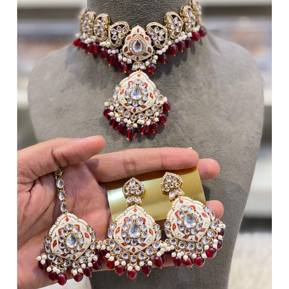 Hira Collections Luxury Kundan Stone Pearl And Beads Meenakari Choker Necklace Set