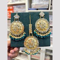 Hira Collections Gold Plated Mirror Pearl And Beads Dangler Earrings With Maang Tikka