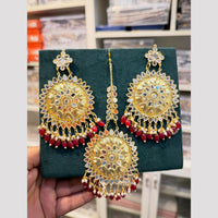 Hira Collections Gold Plated Mirror Pearl And Beads Dangler Earrings With Maang Tikka