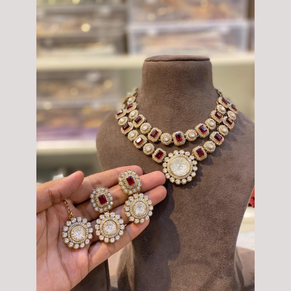 Hira Collections Premium Pota Stone And Pearl Statement Choker Necklace Set