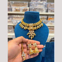 Hira Collections Premium Pota Stone And Pearl Statement Choker Necklace Set