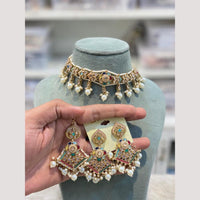 Hira Collection Premium Crystal Stone And Pearl Choker Necklace Set