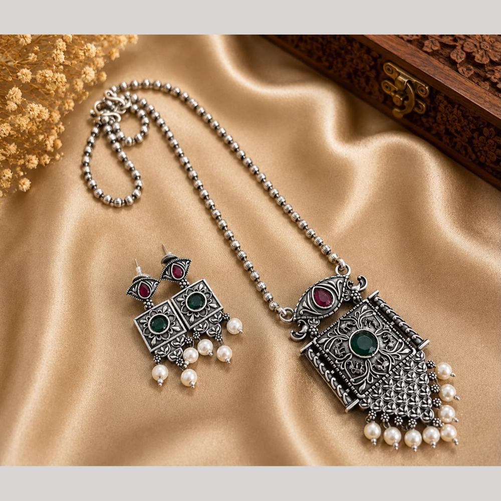 Hira Collections Exclusive Oxidised Pota Stone Pearl Long Necklace Set for Women