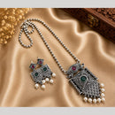 Hira Collections Exclusive Oxidised Pota Stone Pearl Long Necklace Set for Women