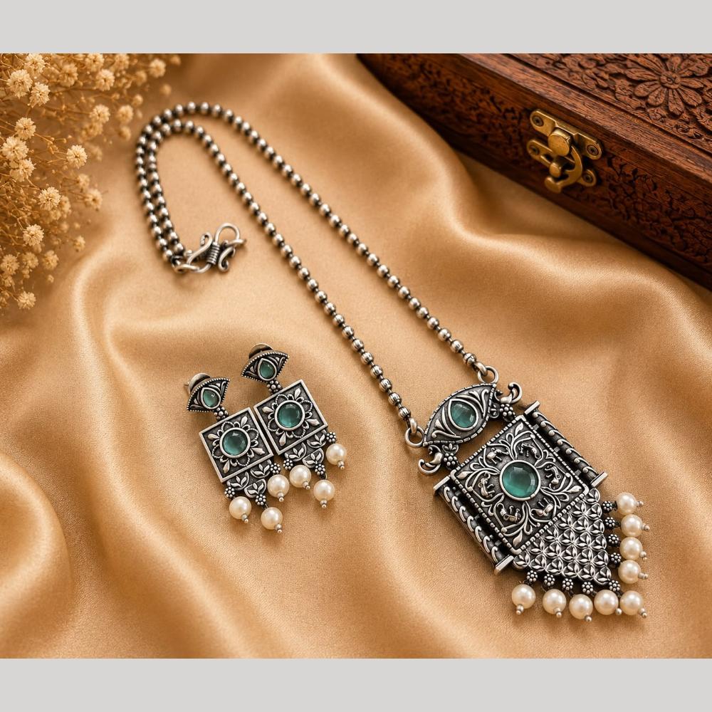 Hira Collections Exclusive Oxidised Pota Stone Pearl Long Necklace Set for Women