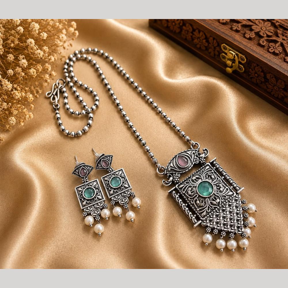 Hira Collections Exclusive Oxidised Pota Stone Pearl Long Necklace Set for Women