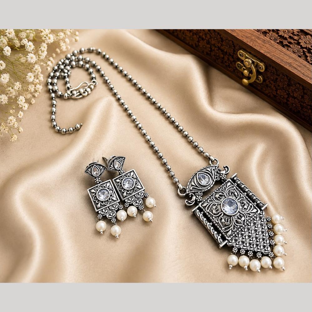 Hira Collections Exclusive Oxidised Pota Stone Pearl Long Necklace Set for Women
