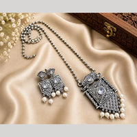 Hira Collections Exclusive Oxidised Pota Stone Pearl Long Necklace Set for Women