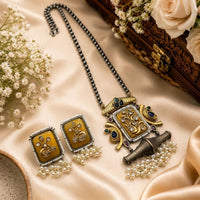 Hira Collections Premium Pota Stone And Pearl Long Necklace Set for Women