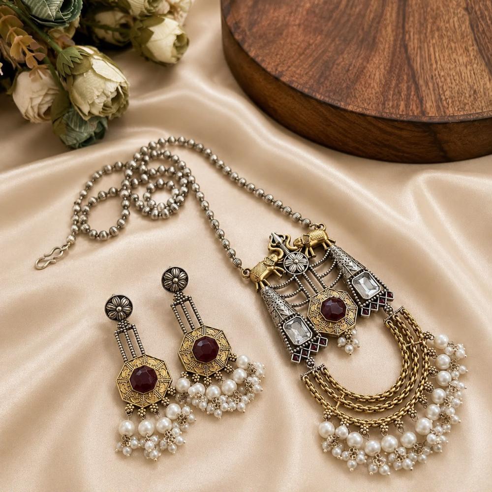 Hira Collections Exclusive 2 Tone Pota Stone Pearl Long Necklace Set for Women