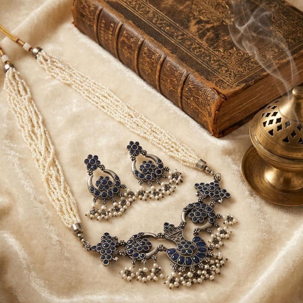Hira Collections Exclusive Oxidised Pota Stone Pearl Long Necklace Set for Women