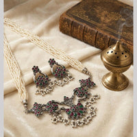 Hira Collections Exclusive Oxidised Pota Stone Pearl Long Necklace Set for Women