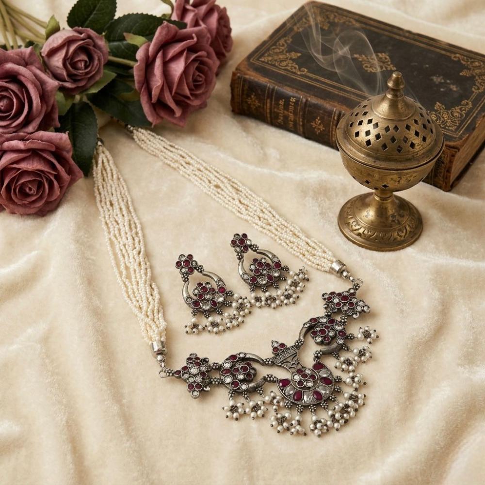 Hira Collections Exclusive Oxidised Pota Stone Pearl Long Necklace Set for Women