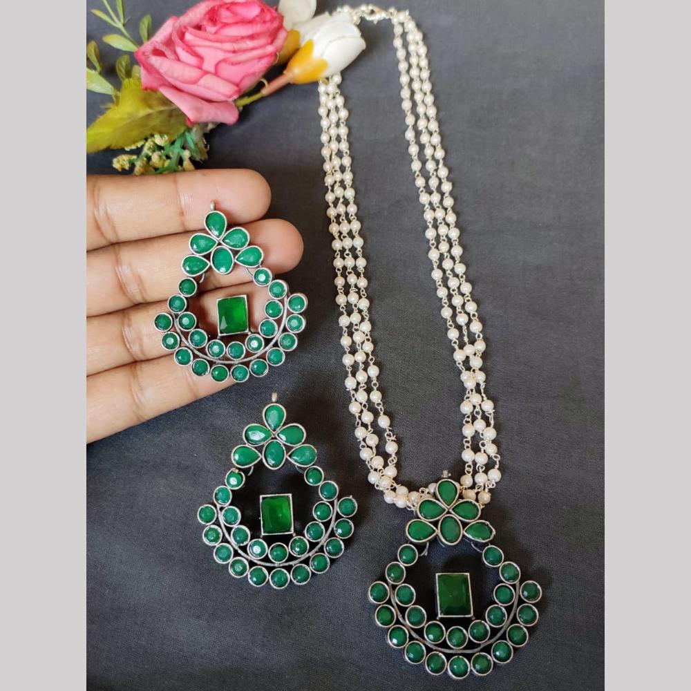 Hira Collections Exclusive Oxidised Pota Stone Pearl Long Necklace Set for Women