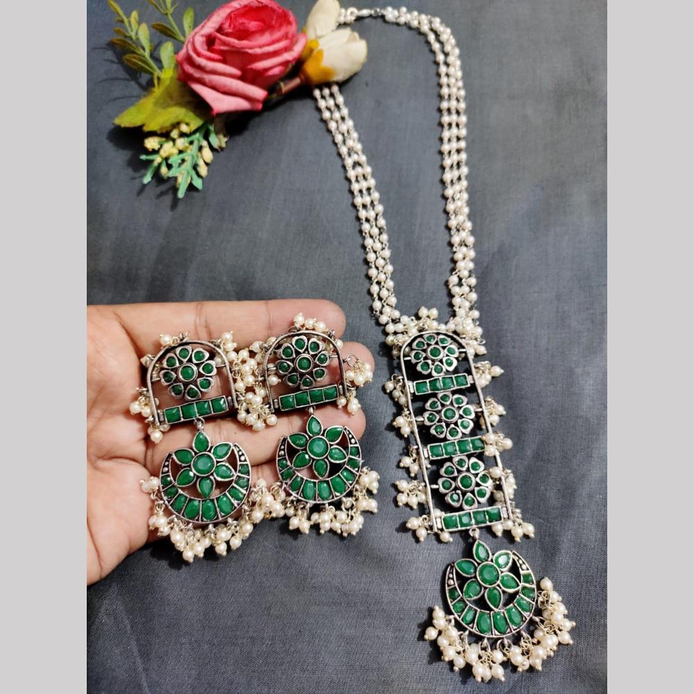 Hira Collections Exclusive Oxidised Pota Stone Pearl Long Necklace Set for Women