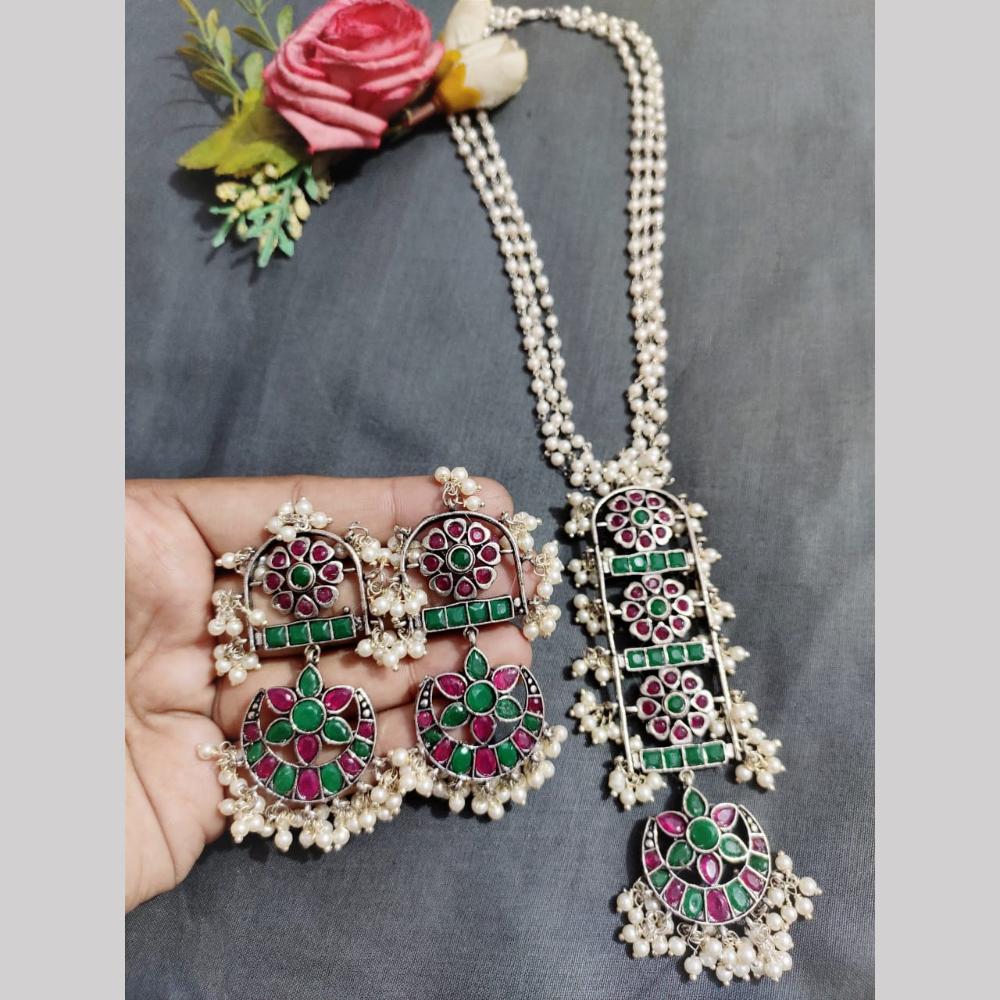 Hira Collections Exclusive Oxidised Pota Stone Pearl Long Necklace Set for Women
