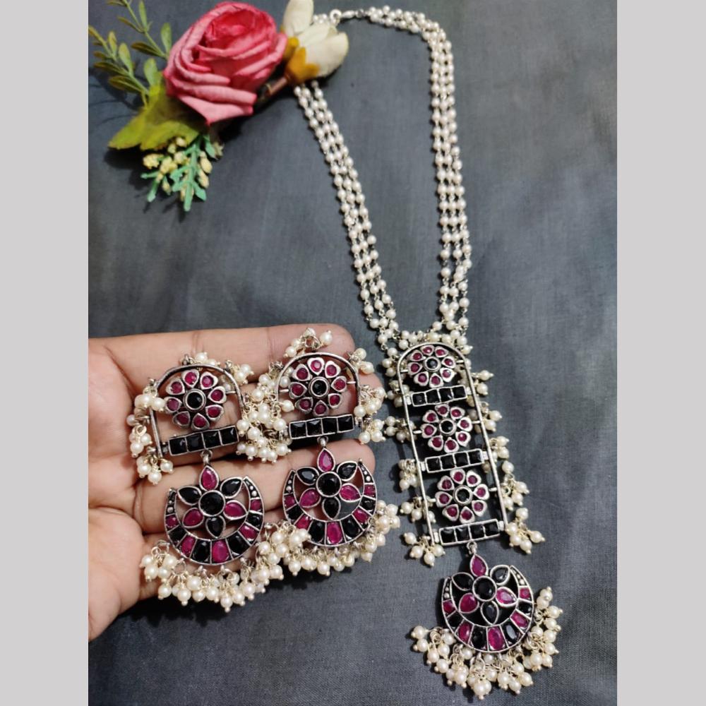 Hira Collections Exclusive Oxidised Pota Stone Pearl Long Necklace Set for Women