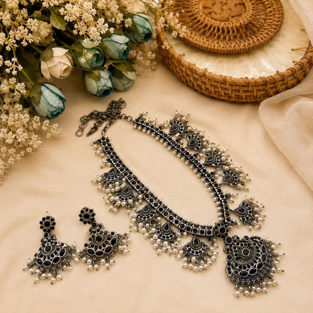 Hira Collections Exclusive Oxidised Pota Stone Pearl Long Necklace Set for Women