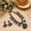 Hira Collections Exclusive Oxidised Pota Stone Pearl Long Necklace Set for Women