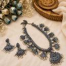 Hira Collections Exclusive Oxidised Pota Stone Pearl Long Necklace Set for Women