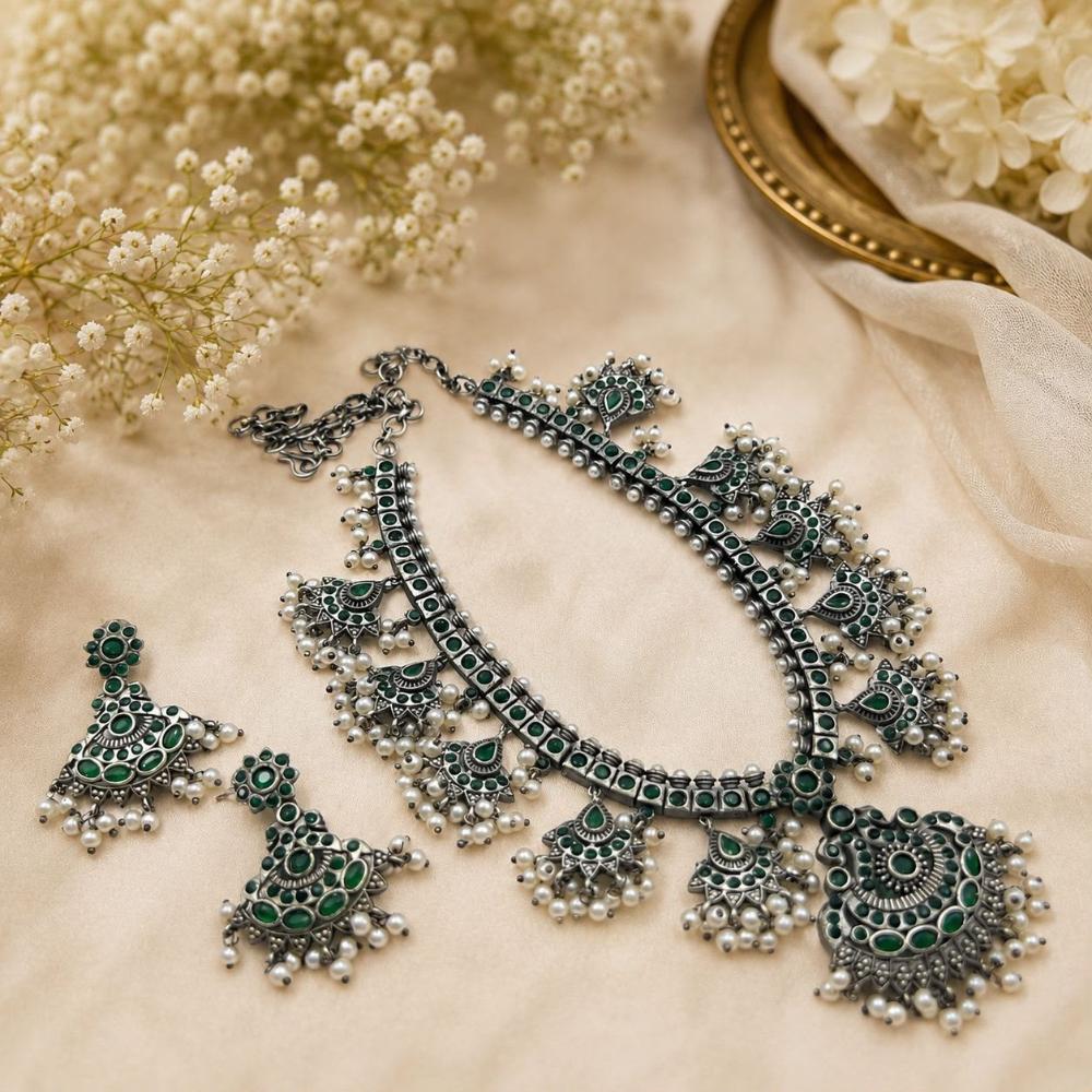 Hira Collections Exclusive Oxidised Pota Stone Pearl Long Necklace Set for Women