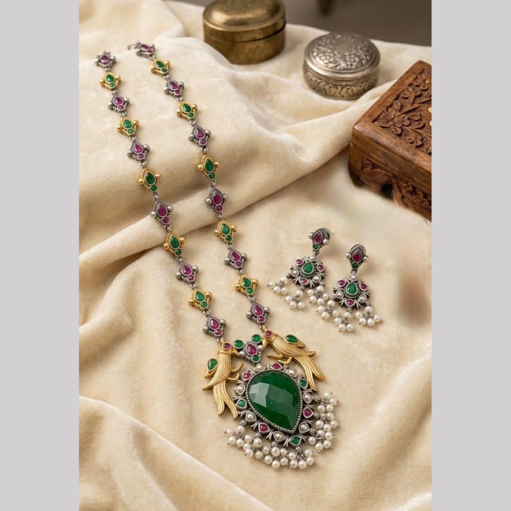 Hira Collections Exclusive 2 Tone Pota Stone Pearl Long Necklace Set for Women