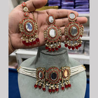Hira Collections Royal Crystal Stone Mirror And Pearl Choker Necklace Set