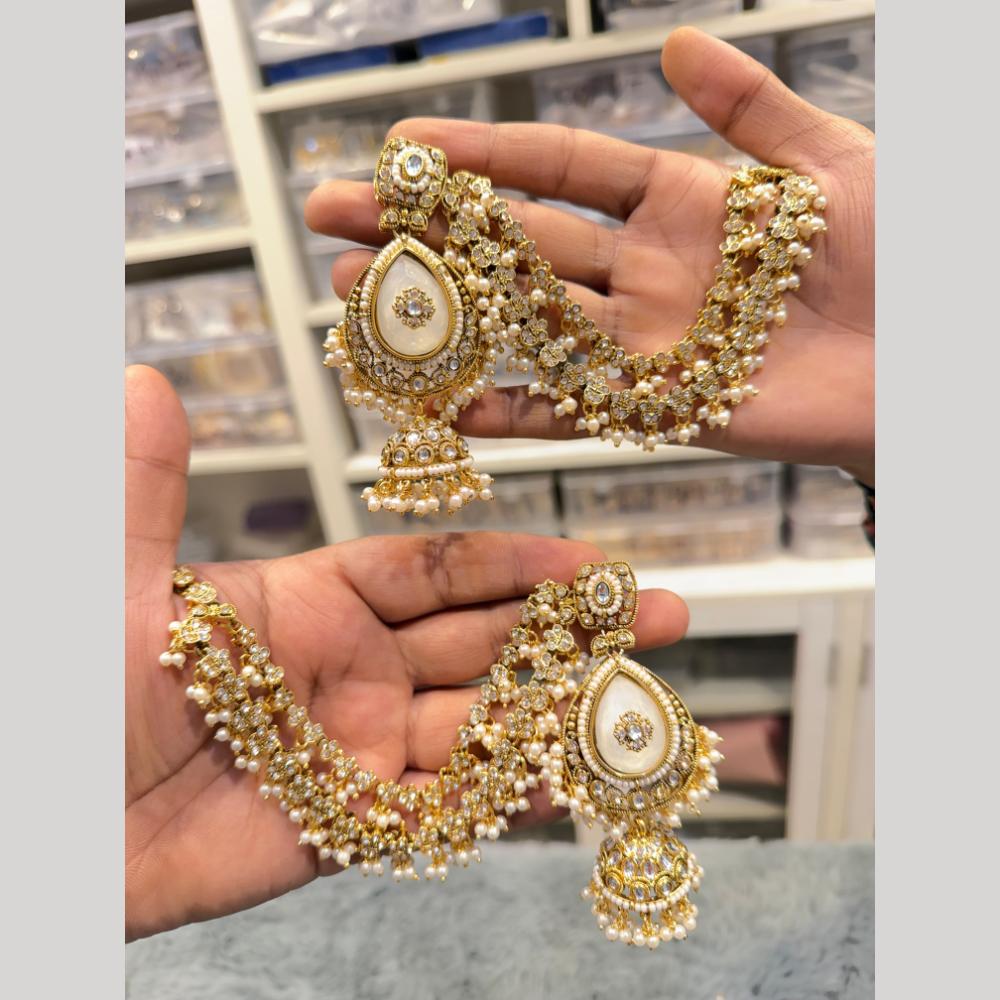Hira Collections Heritage Kundan Stone And Pearl Kan Chian Jhumki Earrings