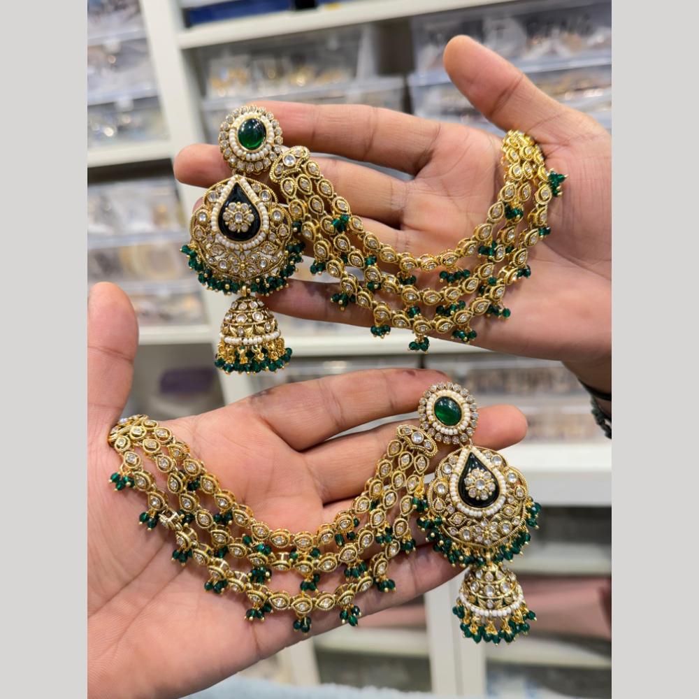Hira Collections Heritage Kundan Stone And Pearl Kan Chian Jhumki Earrings