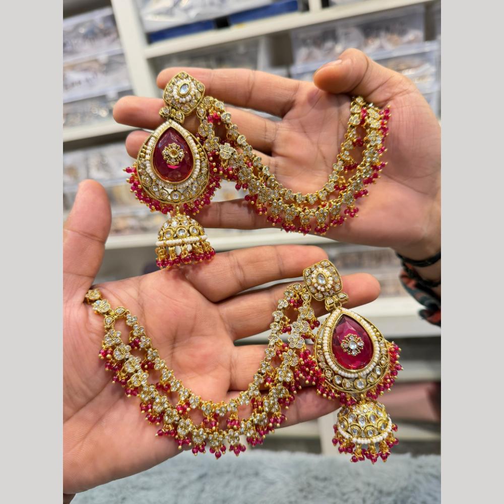 Hira Collections Heritage Kundan Stone And Pearl Kan Chian Jhumki Earrings