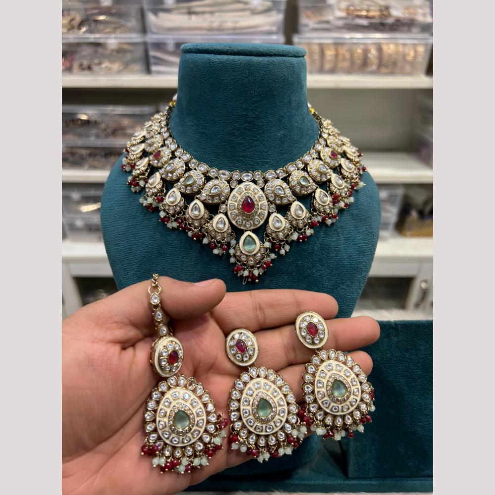 Hira Collections Premium Kundan Stone And Pearl Meenakari Choker Necklace Set