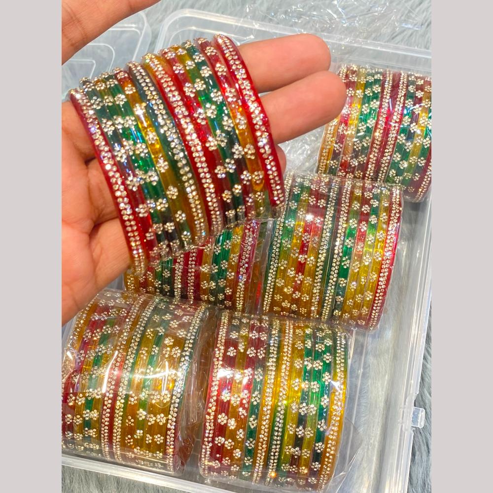 Hira Collections Decorative Austrian Stone Colorful Galss Bangles Set (Set of 6)