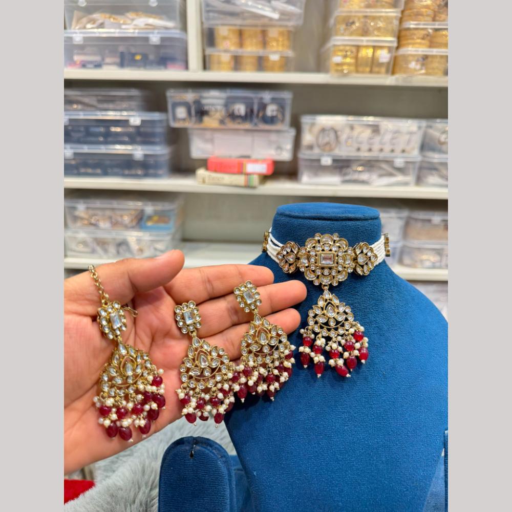Hira Collections Premium Kundan Stone Beads And Pearl Choker Necklace Set