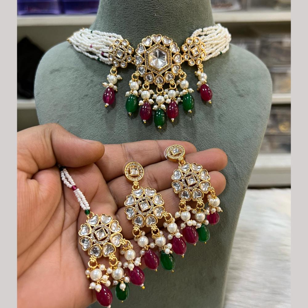 Hira Collections Premium Kundan Stone Beads And Pearl Choker Necklace Set