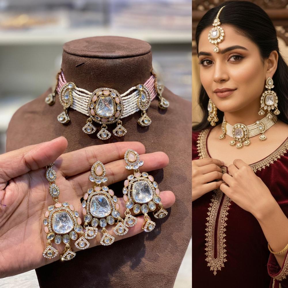 Hira Collections Premium Kundan Stone Beads And Pearl Choker Necklace Set