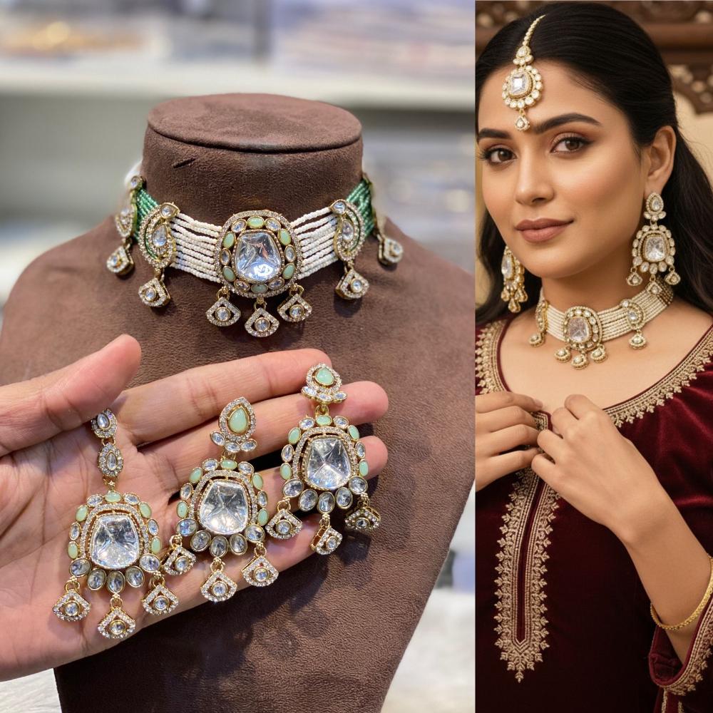 Hira Collections Premium Kundan Stone Beads And Pearl Choker Necklace Set