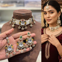 Hira Collections Premium Kundan Stone Beads And Pearl Choker Necklace Set