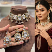 Hira Collections Premium Kundan Stone Beads And Pearl Choker Necklace Set