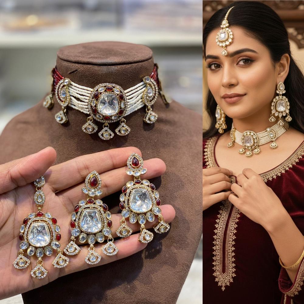 Hira Collections Premium Kundan Stone Beads And Pearl Choker Necklace Set
